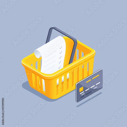 isometric vector illustration on gray background, yellow grocery basket with shopping list and credit card, shopping in online store