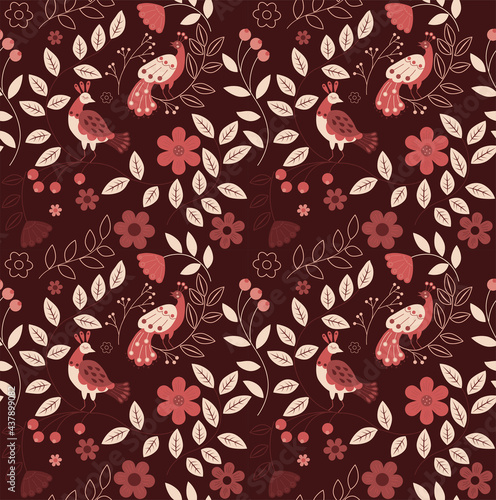 vector seamless pattern of stylized ethnic birds and nature in orange colours, autumn orange palette