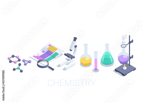 isometric vector illustration on a white background, a set of icons on the theme of chemistry, flasks and a microscope next to molecules and a periodic table, studying the science of chemistry