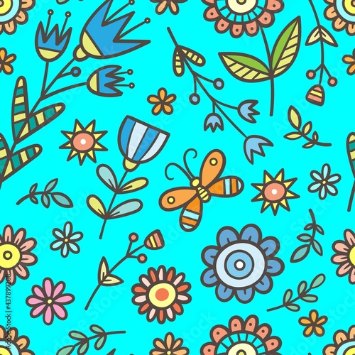 Seamless pattern with different plants and  flowers on blue background. Vector print with herbs. Botanical doodle wallpaper.
