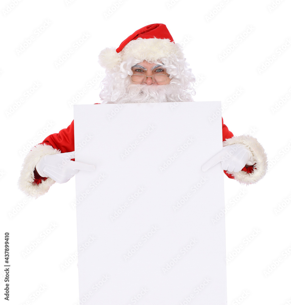 Naklejka premium Crazy cheerful Santa Claus near copy space area, isolated over white background. Merry Christmas and New Year concept
