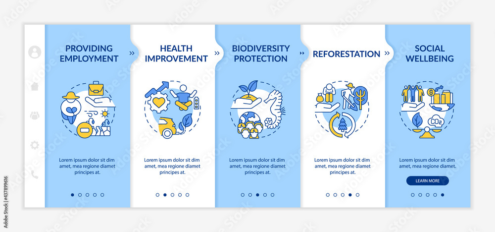 Carbon offsetting advantages onboarding vector template. Responsive mobile website with icons. Web page walkthrough 5 step screens. Biodiversity protection color concept with linear illustrations