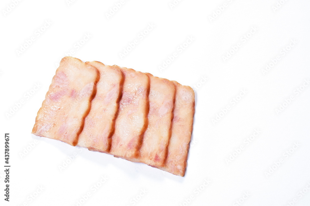 fried pork bacon slice arranging on white background