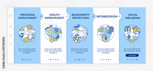 Carbon offsetting advantages onboarding vector template. Responsive mobile website with icons. Web page walkthrough 5 step screens. Biodiversity protection color concept with linear illustrations