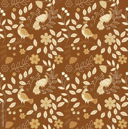 vector seamless pattern of ethnic stylized birds and nature in yellow palette, sunny colour scheme