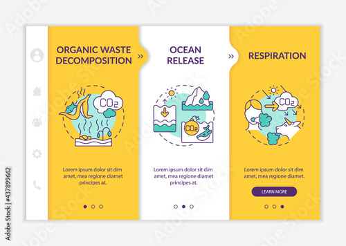 Natural carbon dioxide sources onboarding vector template. Responsive mobile website with icons. Web page walkthrough 3 step screens. Organic waste decomposing color concept with linear illustrations