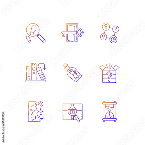 Puzzle solving gradient linear vector icons set. Investigate footprints. Message in bottle. Clues for riddles. Thin line contour symbols bundle. Isolated vector outline illustrations collection