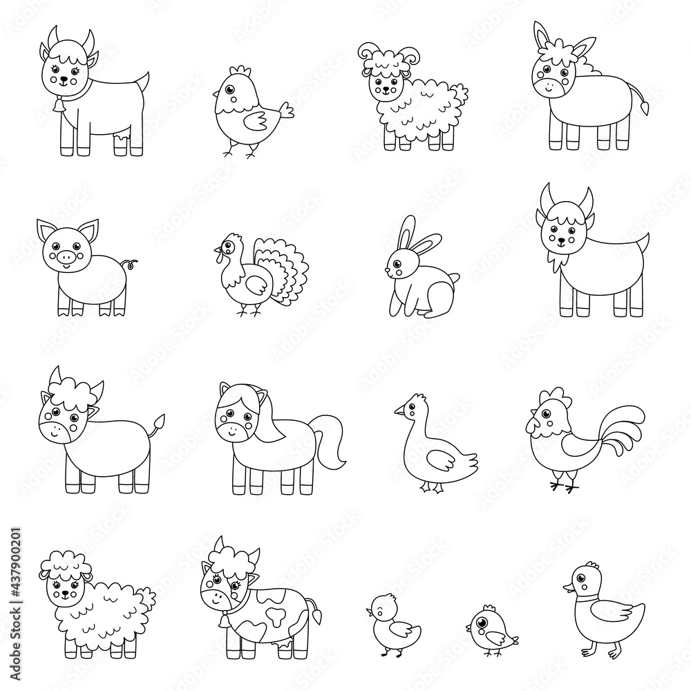 Set of black and white cute farm animals. Vector illustrations.
