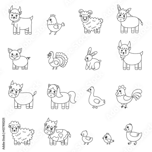 Fototapeta Naklejka Na Ścianę i Meble -  Set of black and white cute farm animals. Vector illustrations.