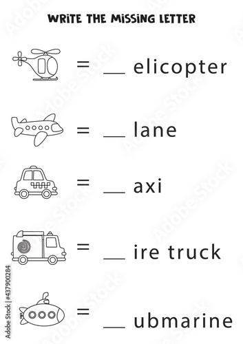 Worksheet for kids. Write the missing letter. Black and white transport.