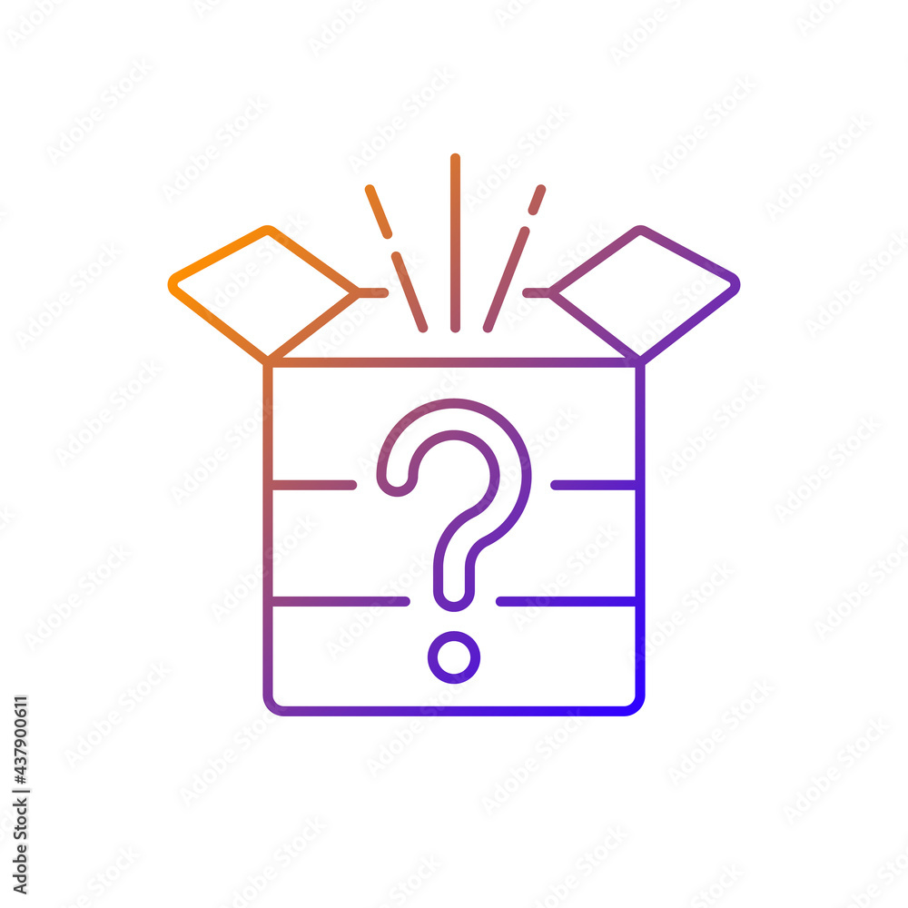 Mystery box gradient linear vector icon. Chest with question mark