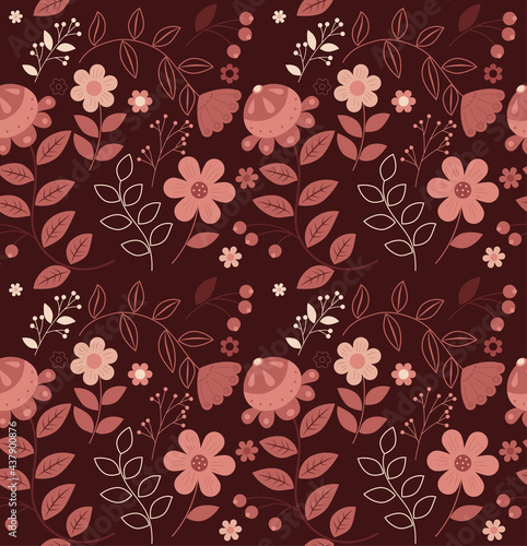 vector seamless stylized ethnic floral pattern in orange colour scheme on dark background