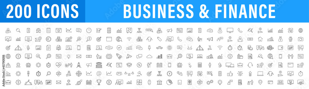 Set of 200 Business icons. Business and Finance web icons in line style. Money, bank, contact, infographic. Icon collection. Vector illustration.