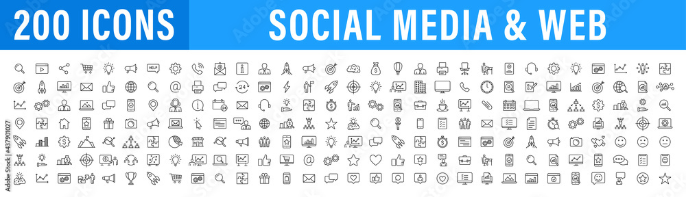 Set of 200 Media and Web icons in line style. Data analytics, Digital marketing, Management, Message, Phone. Vector illustration.