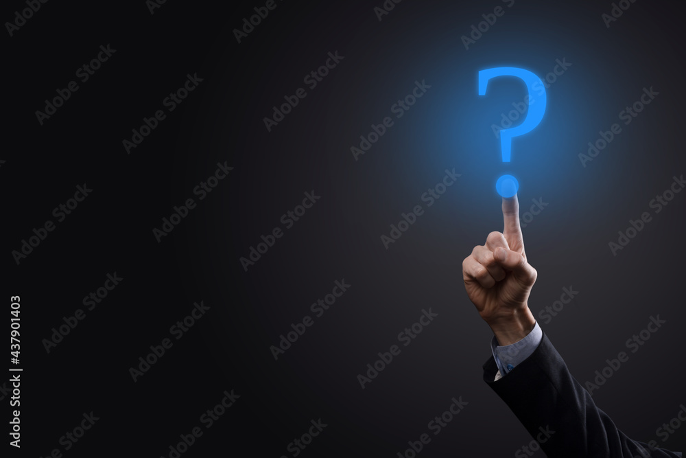 Businessman man hand hold interface question marks sign web. Ask quiestion online, FAQ concept, what where when how and why, search information on internet Businessman man hand hold interface question marks sign web. Ask quiestion online, FAQ concept, what where when how and why, search information on internet
