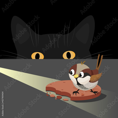 A cat hunts a Sparrow. The cat secretly watches the sparrow. Vector illustration of a cat and a sparrow for animation. All the details are on separate layers. Editable strokes.
