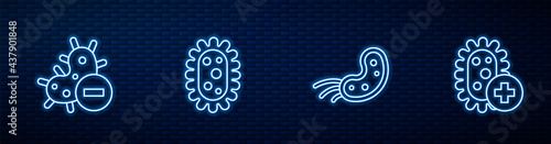 Set line Virus, Negative virus, and Positive. Glowing neon icon on brick wall. Vector