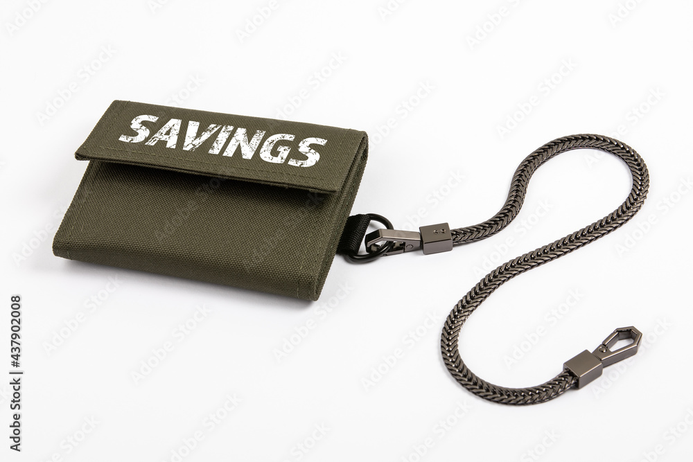 SAVINGS. Wallet with a chain on a white background