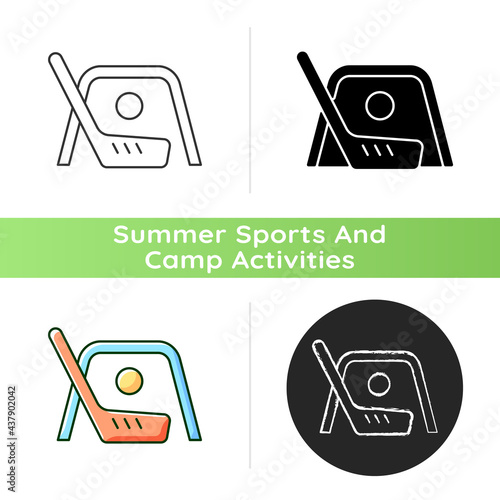 Floor hockey icon. Street hockey. Indoor, outdoor game. Shooting puck into opposing team net. Playing on non-ice surface. Linear black and RGB color styles. Isolated vector illustrations