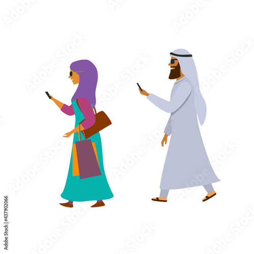arab man and woman walking with smartphones texting cartoon vector illustration
