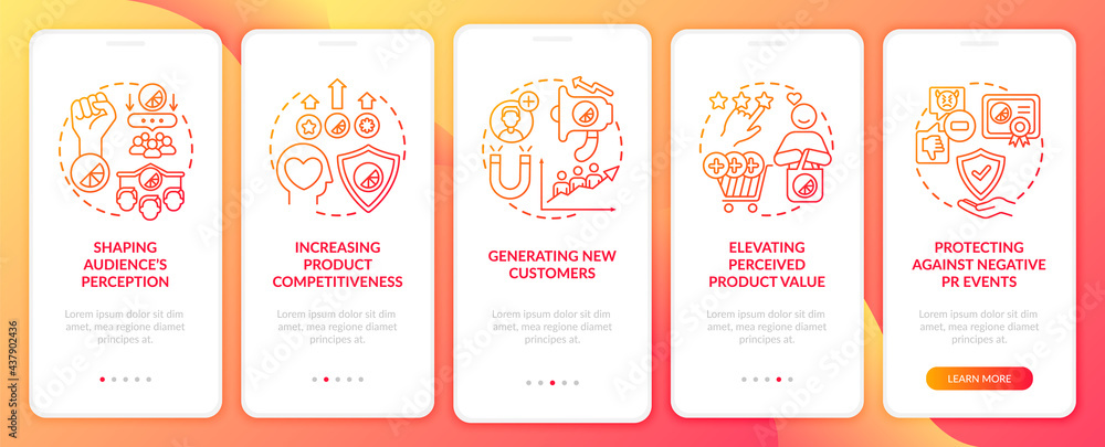 Strong branding onboarding mobile app page screen with concepts. Shaping audience perception walkthrough 5 steps graphic instructions. UI, UX, GUI vector template with linear color illustrations
