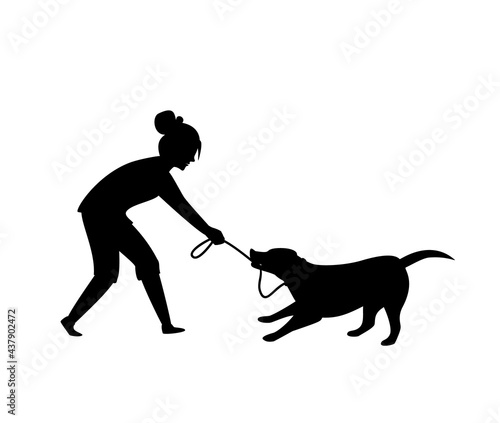 dog misbehaving tugging biting on a leash during walking silhouette  vector illustration graphic scene