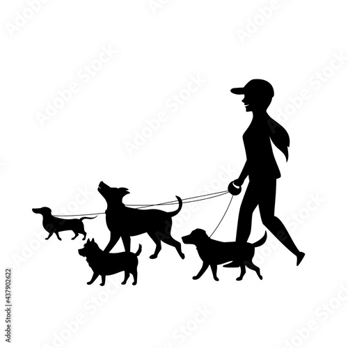 female dog walker sitter walking with group of pets silhouette vector graphic