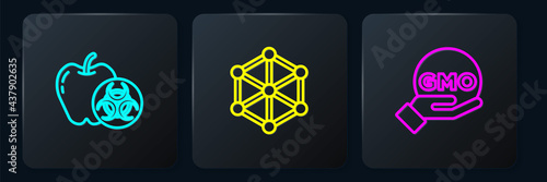 Set line Genetically modified apple, GMO and . Black square button. Vector