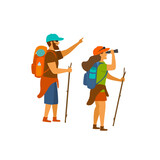 man and woman hiking sightseeing watching looking at view isolated vector illustration scene