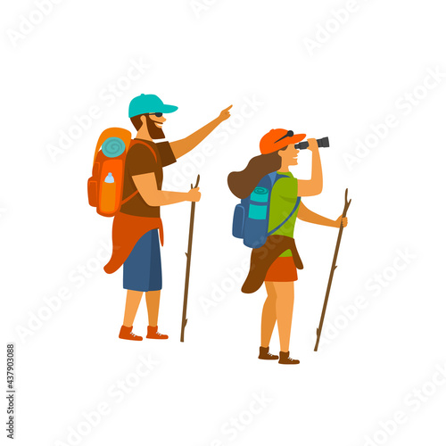 man and woman hiking sightseeing watching looking at view isolated vector illustration scene