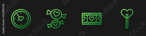 Set line Play Video with heart, Clock, Candy and Lollipop. Gradient color icons. Vector