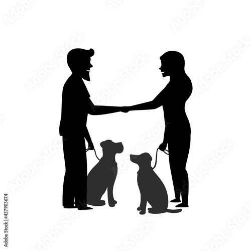 silhouette of two dog owners training their pets to sit close behave when meeting greeting each other graphic