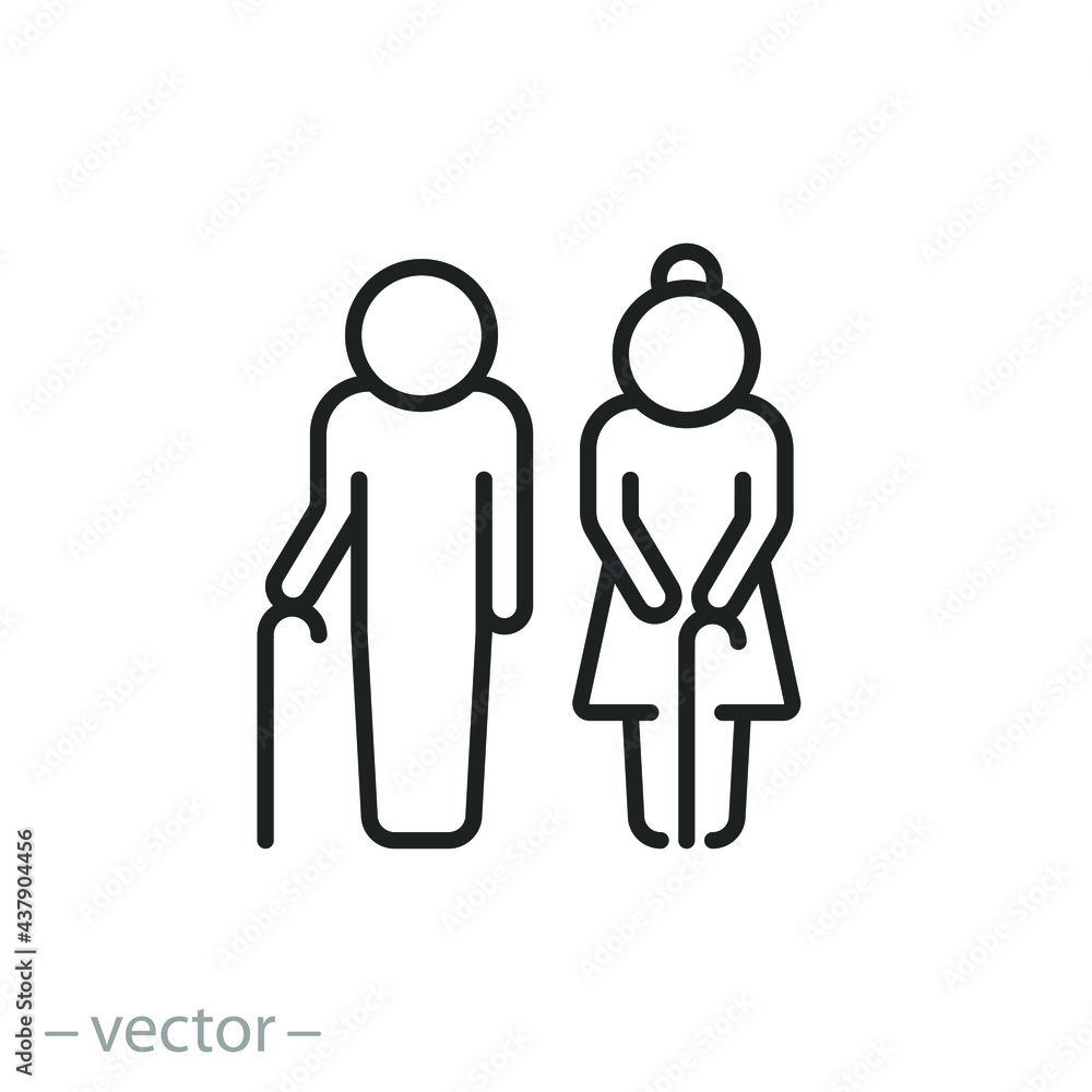 elderly man and woman icon, grandfather and grandmother, couple old people, senior with lady, pension family, grandparents, thin line symbol on white background - editable stroke vector illustration elderly man and woman icon, grandfather and grandmother, couple old people, senior with lady, pension family, grandparents, thin line symbol on white background - editable stroke vector illustration