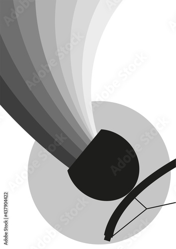 Black and white background template for capoeira flyer, poster, wallpaper for event, workship, course, training. Vector illustration of a berimbau silhouette with waves and sun.
