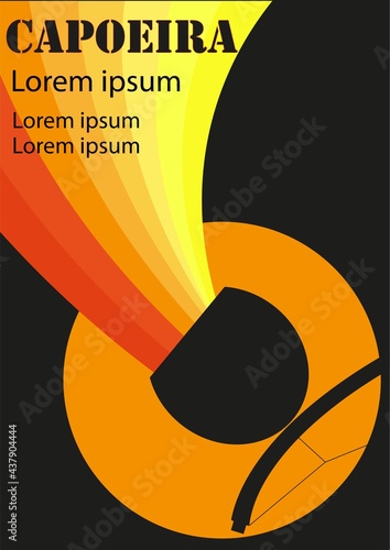 Colorful background template for capoeira flyer, poster, wallpaper for event, workship, course, training. Vector illustration of a berimbau silhouette with waves and sun in orange colors.