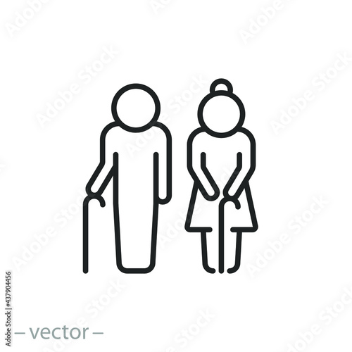 elderly man and woman icon, grandfather and grandmother, couple old people, senior with lady, pension family, grandparents, thin line symbol on white background - editable stroke vector illustration
