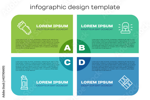 Set line Pepper spray, Police electric shocker, Stacks paper money cash and Flasher siren. Business infographic template. Vector