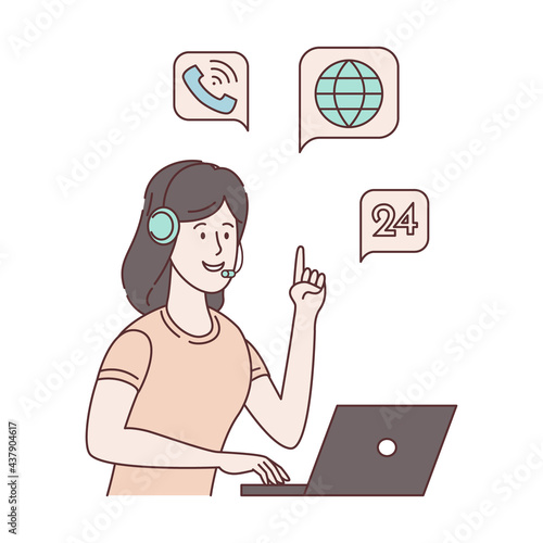 Сall center, call processing system. Customer service, girl hotline operator consult customers with headset on computer,  24 Hours, 7 Days A Week, global online technical support. Vector illustration 