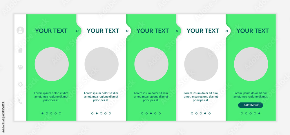 Sustainability-minded onboarding vector template. Eco-friendly retail. Responsive mobile website with icons. Web page walkthrough 5 step screens. Comprehensive guide color concept with copy space