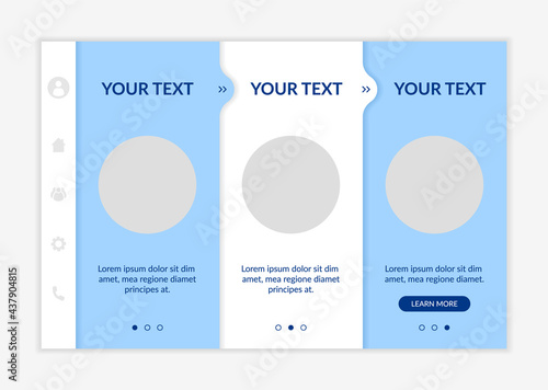 Service promotion onboarding vector template. Responsive mobile website with icons. Web page walkthrough 3 step screens. Product information. Visitors engagement color concept with copy space