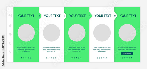 Sustainability-minded onboarding vector template. Eco-friendly retail. Responsive mobile website with icons. Web page walkthrough 5 step screens. Comprehensive guide color concept with copy space