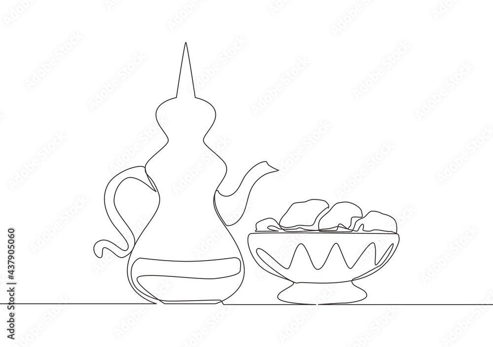 One single line drawing of teapot usually containing Zam zam water and dates fruit on a plate. Food and drink to eat after fasting concept continuous line draw design vector illustration One single line drawing of teapot usually containing Zam zam water and dates fruit on a plate. Food and drink to eat after fasting concept continuous line draw design vector illustration