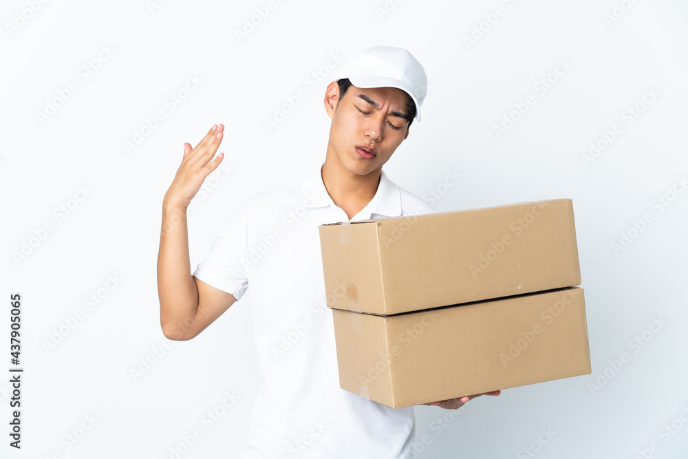 Delivery Chinese man isolated on white background with tired and sick expression Delivery Chinese man isolated on white background with tired and sick expression