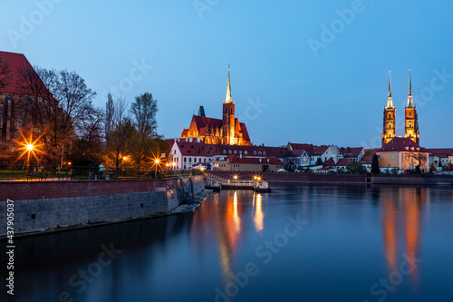 evening view of the Odra River and Tumski Island in Poland in Wroclaw in spring