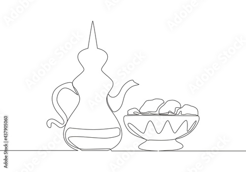 One single line drawing of teapot usually containing Zam zam water and dates fruit on a plate. Food and drink to eat after fasting concept continuous line draw design vector illustration