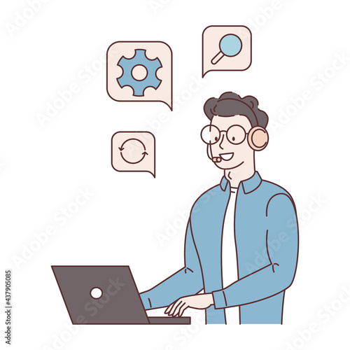 Сall center, call processing system. Customer service, guy hotline operator consult customers with a headset on a laptop,  24 Hours, 7 Days A Week, global online technical support. Vector illustration
