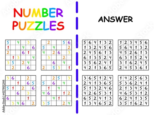 Four sudoku games six by six for beginners colorful vector illustration. Funny number puzzle for kids rainbow printable worksheet. Place 1-6 into horizontal and vertical lines and rectangle just once