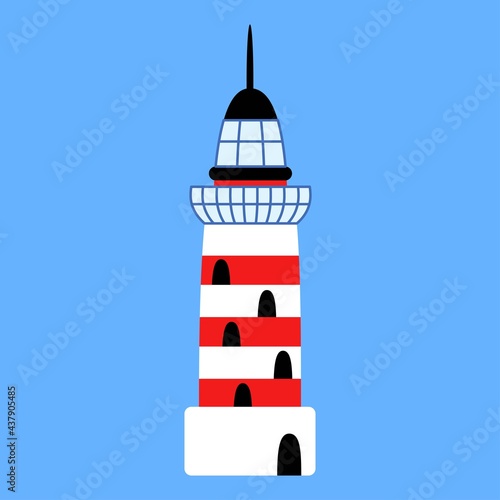 Lighthouse cartoon isolated vector illustration. Funny simple navigational aid tower for a marine adventure. Flat lighthouse by white, black, red, and blue colors