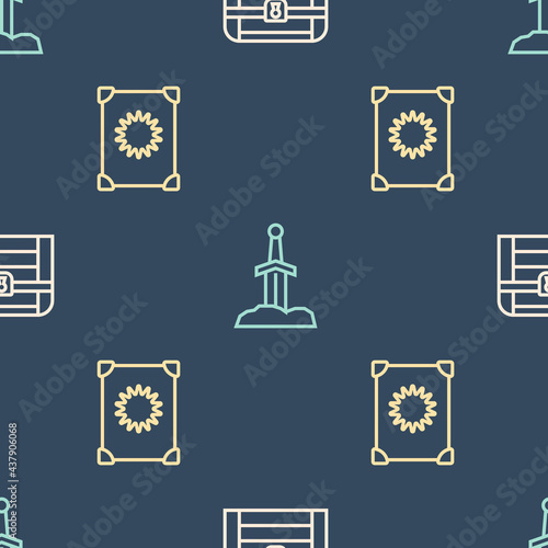 Set line Antique treasure chest, Ancient magic book and Sword in the stone on seamless pattern. Vector