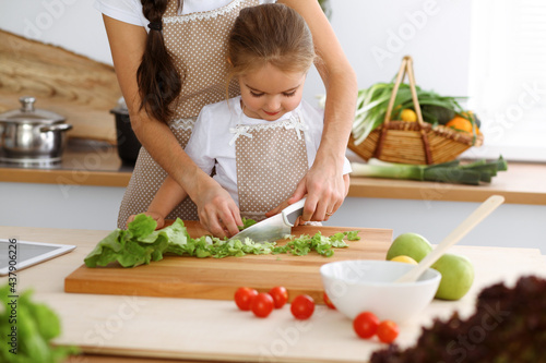 Happy woman and her daughter making healthy vegan salad and snacks for family feasting. Christmas, New year, Thanksgiving, Anniversary, Mothers Day. Healthy meal cooking concept